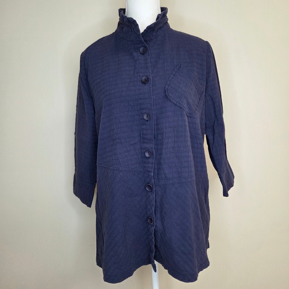 Terra SJ Apparel Navy Blue Textured Gauze‎ Button Up Shirt Funnel Neck Small